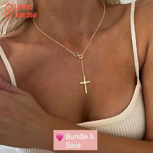 Dainty 14K Gold Filled Cross Infinity Necklace, 16" Chain with Extension - Picture 3 of 8